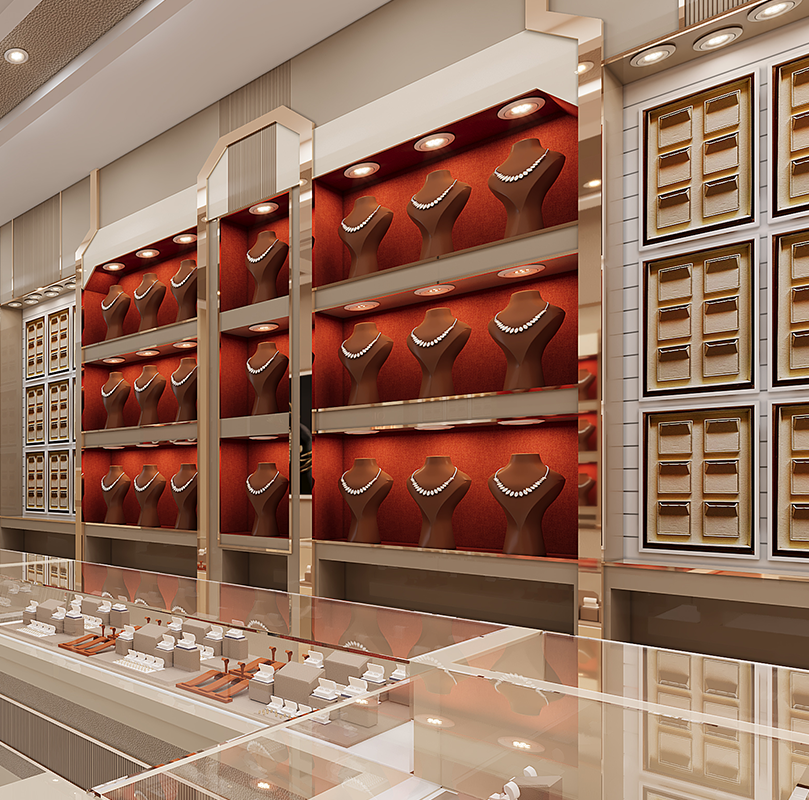 Luxury jewellery showroom interior with custom display units and accent lighting