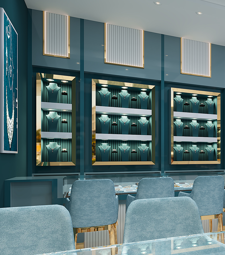 Jewellery showroom display case in a warm-toned showroom in Kerala