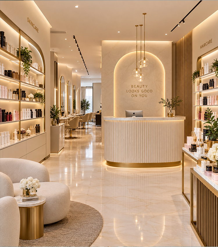 Refined retail store interior with custom display shelving